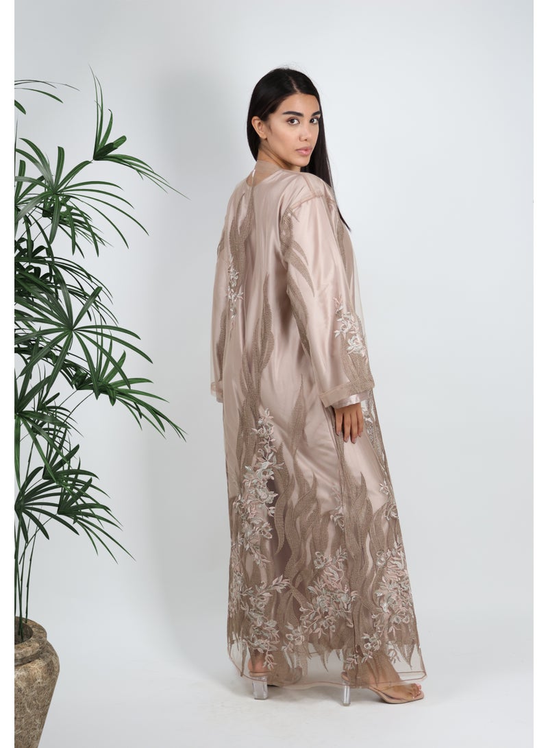 JAMEELA Beige Abaya with Floral Embroidery - Image 3