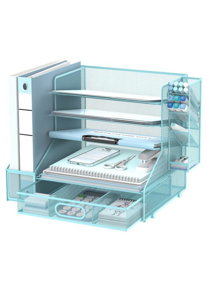 SUPEASY Desk Organizer with File Holder, 5-Tier Mesh Paper Letter Tray Organizer with Pen Holder and Drawer, Desktop Organizer and Storage with 3 Tilted File Sorter for Office Supplies, Blue - Image 1