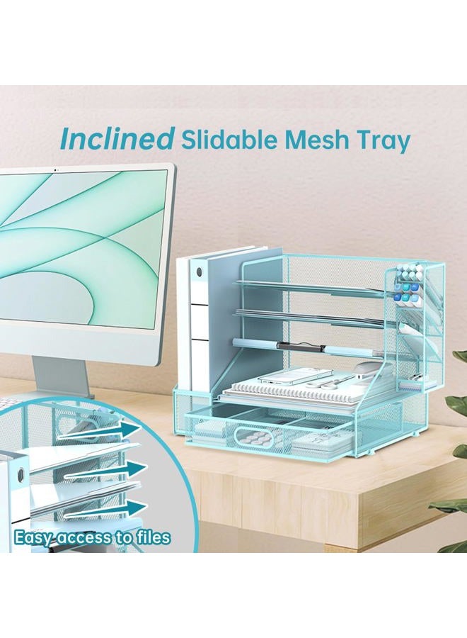 SUPEASY Desk Organizer with File Holder, 5-Tier Mesh Paper Letter Tray Organizer with Pen Holder and Drawer, Desktop Organizer and Storage with 3 Tilted File Sorter for Office Supplies, Blue - Image 4