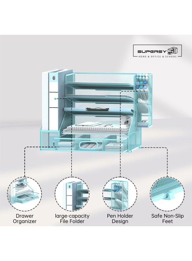 SUPEASY Desk Organizer with File Holder, 5-Tier Mesh Paper Letter Tray Organizer with Pen Holder and Drawer, Desktop Organizer and Storage with 3 Tilted File Sorter for Office Supplies, Blue - Image 3