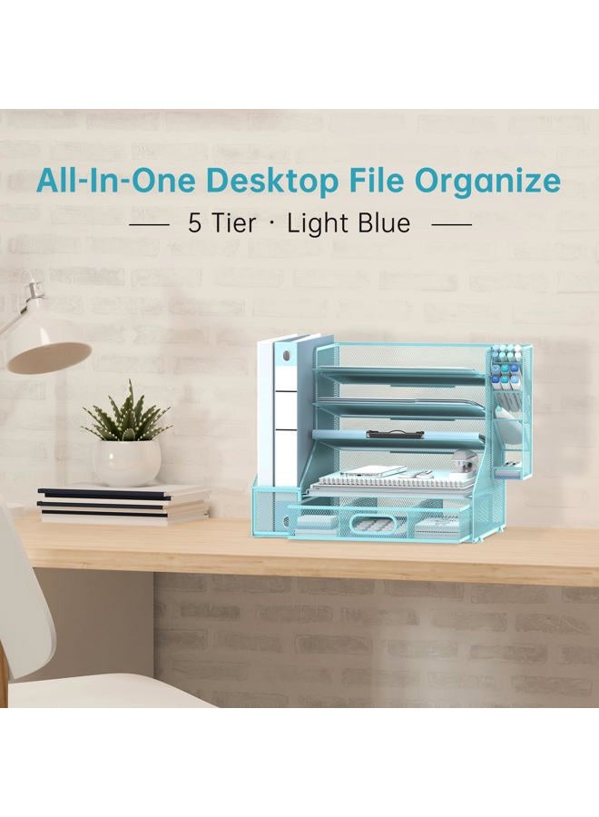 SUPEASY Desk Organizer with File Holder, 5-Tier Mesh Paper Letter Tray Organizer with Pen Holder and Drawer, Desktop Organizer and Storage with 3 Tilted File Sorter for Office Supplies, Blue - Image 2