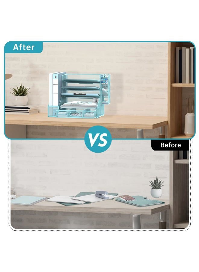 SUPEASY Desk Organizer with File Holder, 5-Tier Mesh Paper Letter Tray Organizer with Pen Holder and Drawer, Desktop Organizer and Storage with 3 Tilted File Sorter for Office Supplies, Blue - Image 5