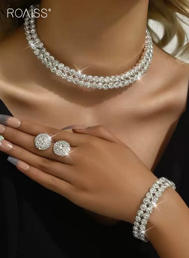 رويس طقم مجوهرات زفاف مكون من 3 قطع، عقد تشوكر مصنوع يدويًا مرصع بأحجار الراين، مع أقراط وسوار متناسقين، أحجار الراين البراقة، إضافة مثالية لفساتين الزفاف للعرائس - Image 1