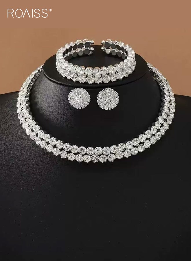 رويس طقم مجوهرات زفاف مكون من 3 قطع، عقد تشوكر مصنوع يدويًا مرصع بأحجار الراين، مع أقراط وسوار متناسقين، أحجار الراين البراقة، إضافة مثالية لفساتين الزفاف للعرائس - Image 2