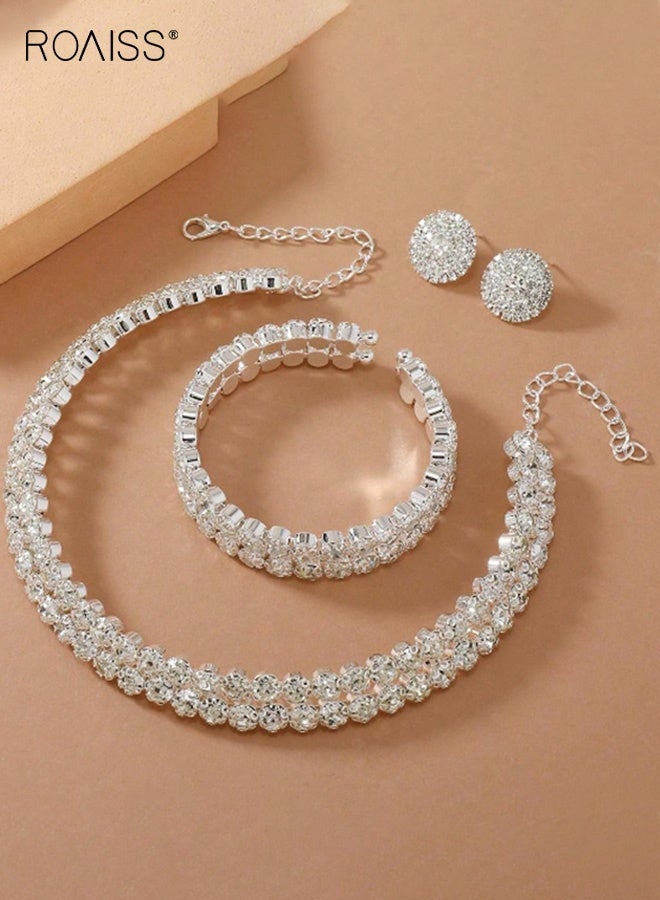رويس طقم مجوهرات زفاف مكون من 3 قطع، عقد تشوكر مصنوع يدويًا مرصع بأحجار الراين، مع أقراط وسوار متناسقين، أحجار الراين البراقة، إضافة مثالية لفساتين الزفاف للعرائس - Image 3