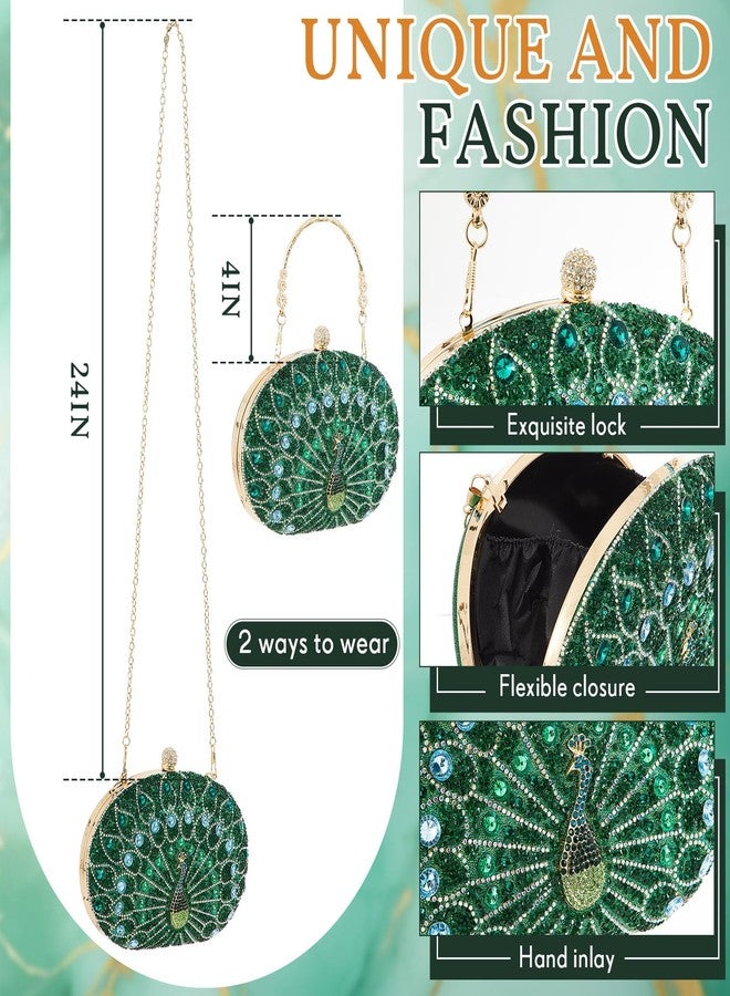 SilTriangle 3 Pieces Evening Clutch Purses Set for Women Evening Wedding Formal Peacock Bag Crystal Diamond with Earrings and Brooch Pin, Green Rhinestone Handbag Accessories Christmas Gifts for Peacock Lovers - Image 3