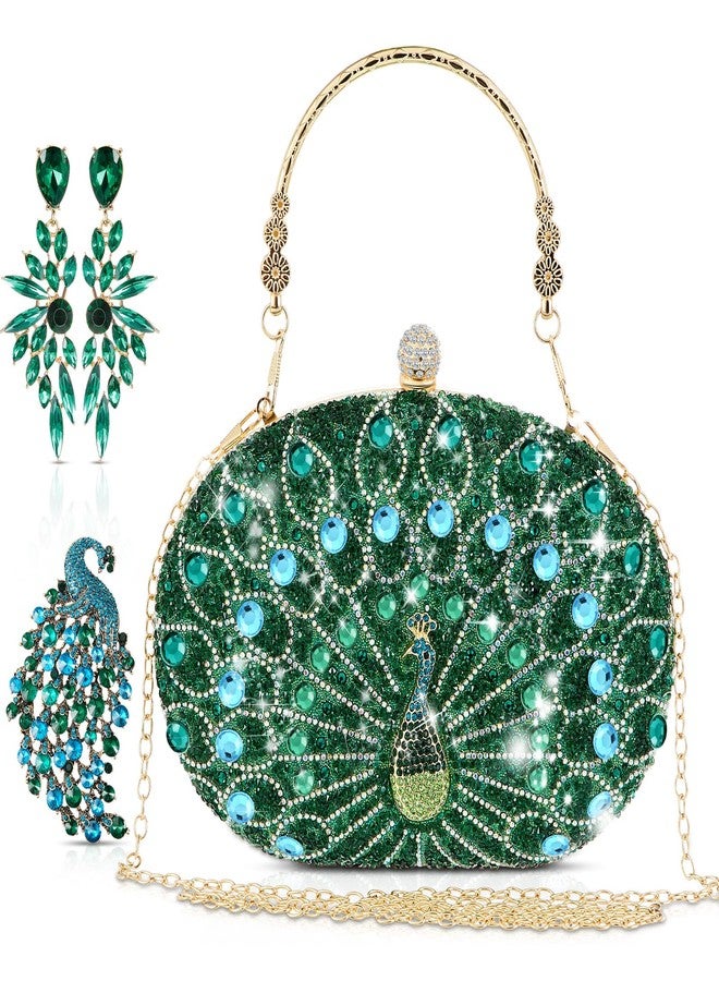 SilTriangle 3 Pieces Evening Clutch Purses Set for Women Evening Wedding Formal Peacock Bag Crystal Diamond with Earrings and Brooch Pin, Green Rhinestone Handbag Accessories Christmas Gifts for Peacock Lovers - Image 1
