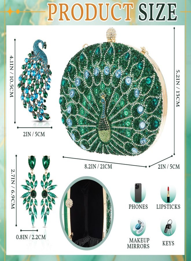 SilTriangle 3 Pieces Evening Clutch Purses Set for Women Evening Wedding Formal Peacock Bag Crystal Diamond with Earrings and Brooch Pin, Green Rhinestone Handbag Accessories Christmas Gifts for Peacock Lovers - Image 2