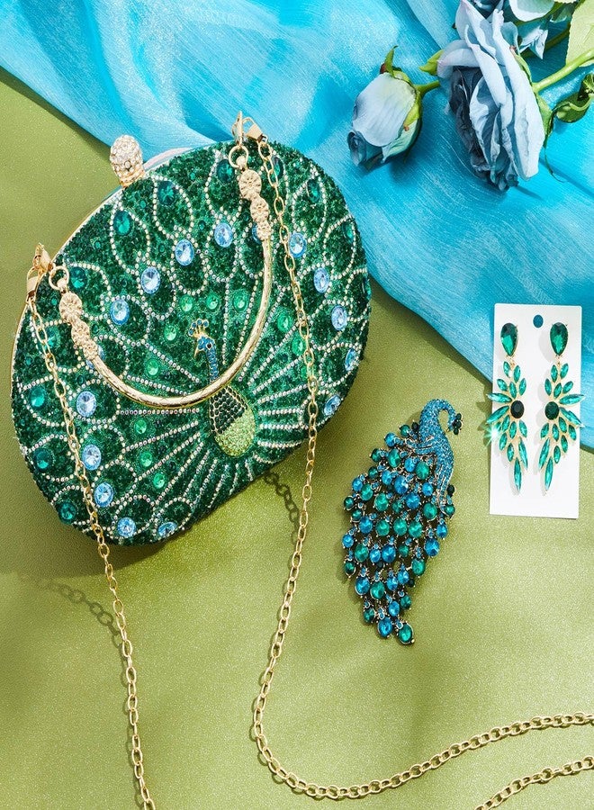 SilTriangle 3 Pieces Evening Clutch Purses Set for Women Evening Wedding Formal Peacock Bag Crystal Diamond with Earrings and Brooch Pin, Green Rhinestone Handbag Accessories Christmas Gifts for Peacock Lovers - Image 4