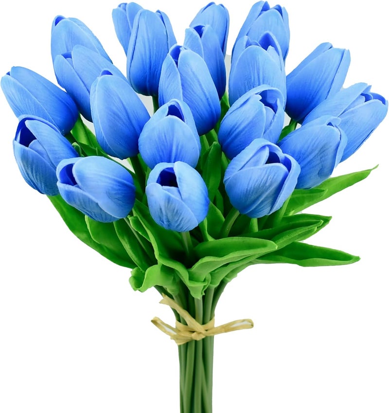 Mandy's Artificial Tulips 20 Stems Light Blue PU Faux Flowers for Thanksgiving and Christmas Decorations Wedding Home Decor 13.5 Inch - Image 1