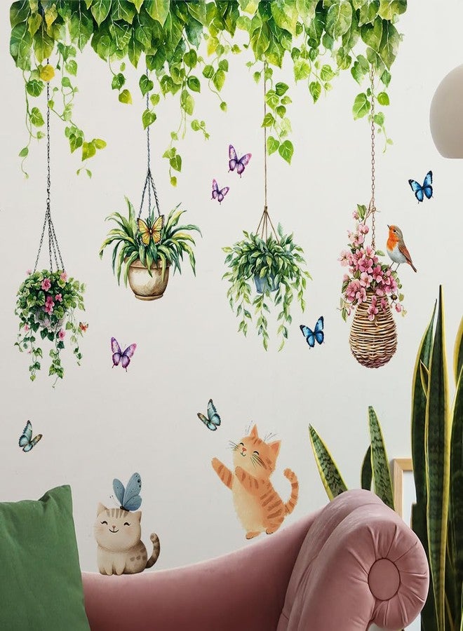 iMagitek Hanging Plants Wall Decals, Garden Butterfly with Cat Bird Wall Stickers for Living Room Nursery Kitchen Dining Room Wall Decor - Image 1