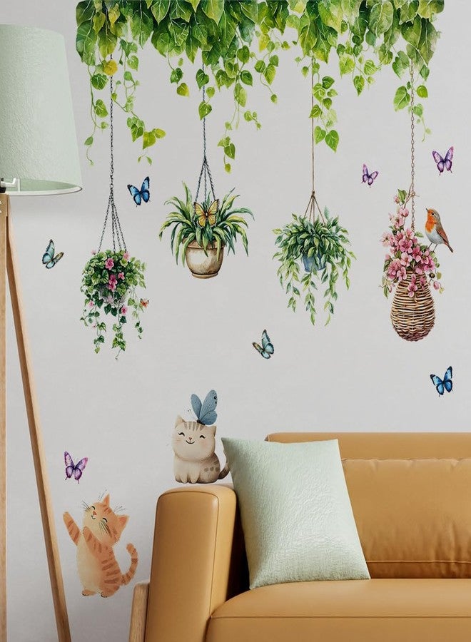 iMagitek Hanging Plants Wall Decals, Garden Butterfly with Cat Bird Wall Stickers for Living Room Nursery Kitchen Dining Room Wall Decor - Image 5