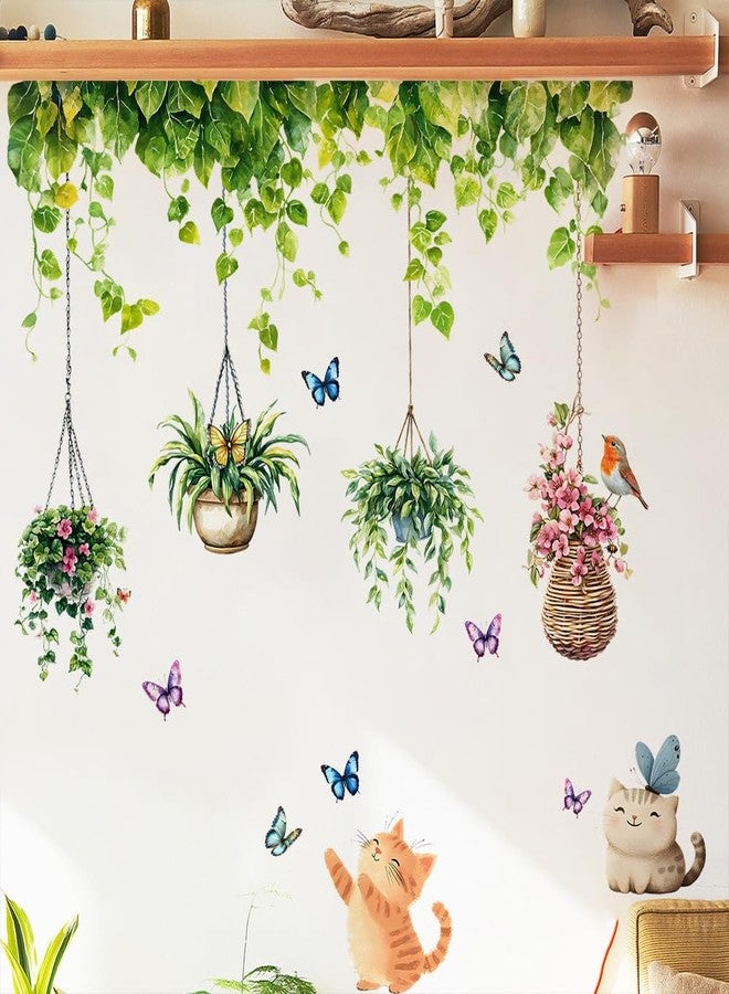 iMagitek Hanging Plants Wall Decals, Garden Butterfly with Cat Bird Wall Stickers for Living Room Nursery Kitchen Dining Room Wall Decor - Image 3