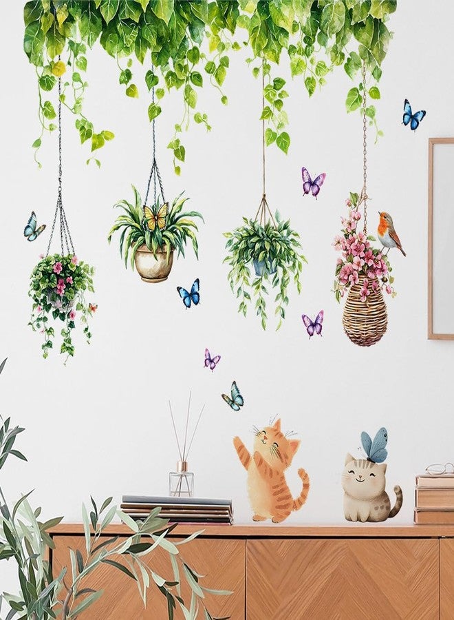 iMagitek Hanging Plants Wall Decals, Garden Butterfly with Cat Bird Wall Stickers for Living Room Nursery Kitchen Dining Room Wall Decor - Image 4