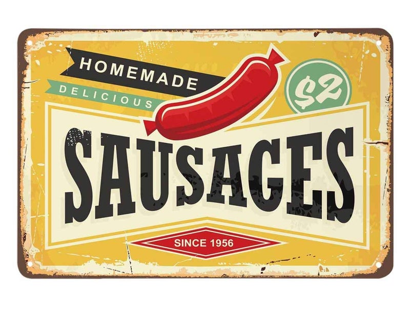 AOYEGO Sausage Tin Sign,Homemade Delicious Meat Hot Dog Food Vintage Metal Tin Signs for Cafes Bars Pubs Shop Wall Decorative Funny Retro Signs for Men Women 8x12 Inch - Image 4