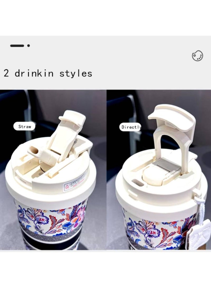 ارواق 500 مللي زهرة ملونة كوب حراري مكنسة من الفولاذ المقاوم للصدأ قارورة معزول زجاجة تُرمُس مع القش أكواب القهوة كوب قابل للحمل - Image 2