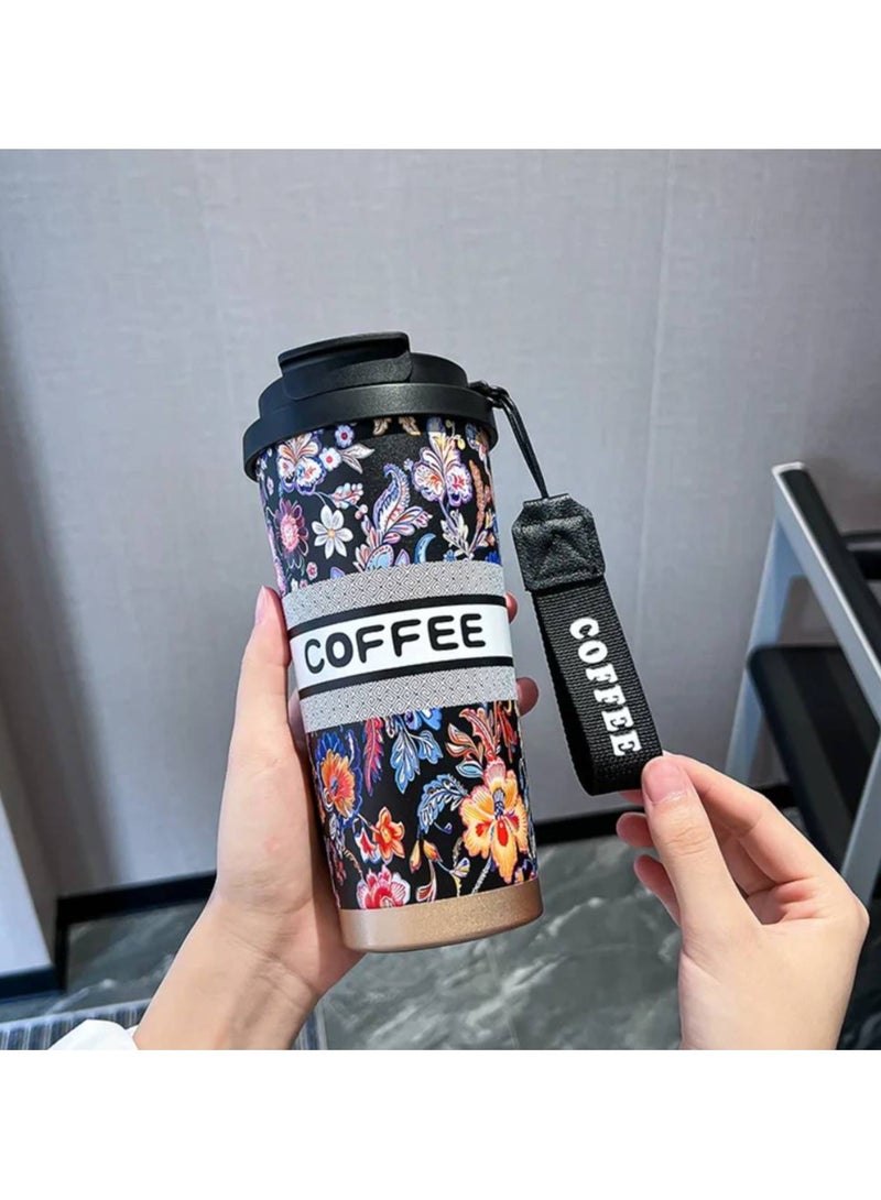ارواق 500 مللي زهرة ملونة كوب حراري مكنسة من الفولاذ المقاوم للصدأ قارورة معزول زجاجة تُرمُس مع القش أكواب القهوة كوب قابل للحمل - Image 1