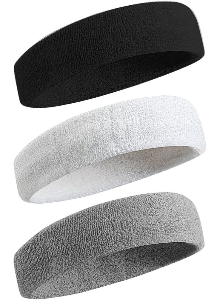 TEMPO 3 Pcs Headbands, Stretchy Non Slip - Sweatbands Sports Hairband for Men & Women, Moisture Wicking Athletic Cotton Terry Cloth, Summer Head band for Yoga, Workout, Running, Tennis, Basketball - Cycling Fashion Hair Accessories - Image 1