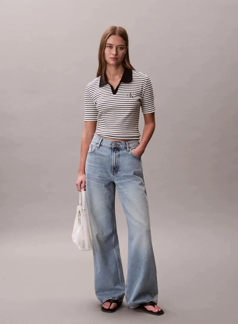 Calvin Klein Black Stripe Slim Ribbed Stripe Polo Shirt for Women | Best Price UAE