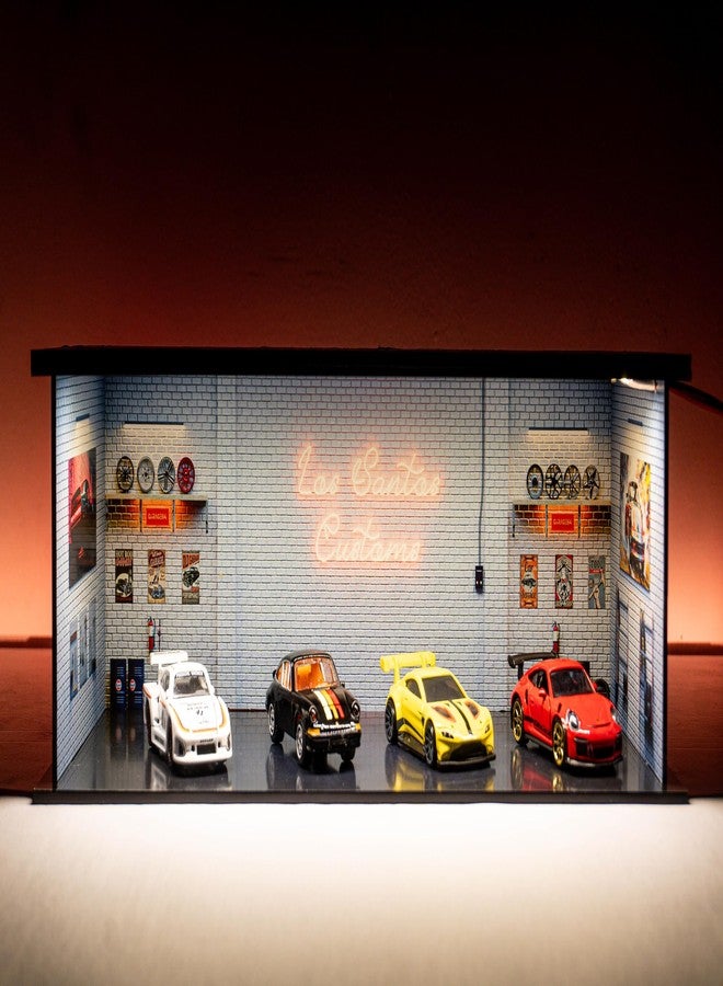 Garage64 مجسم جراج أكريليك Garage64 Los Santos Customs بمقياس 1:64 مع إضاءة LED لسيارات مصبوبة (30×14×10 سم) - ورشة تعديل مستوحاة من لعبة GTA لسيارات Hot Wheels وJDM وMini GT - Image 1