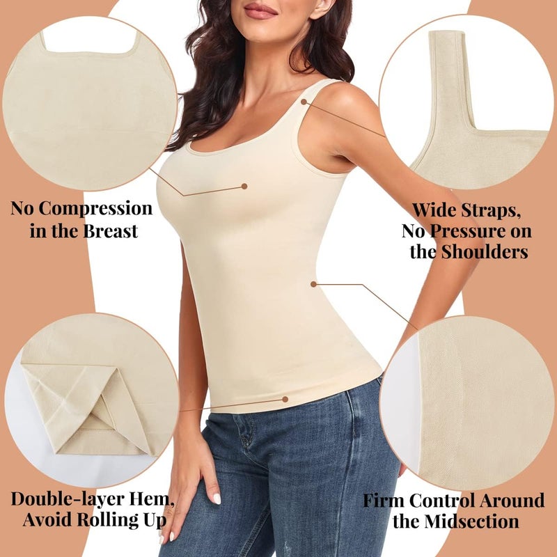 EUYZOU Women's 2PK Tummy Control Shapewear Tank Tops Seamless Square Neck Compression Tops Slimming Body Shaper Camisole - Black/Nude L - Image 4