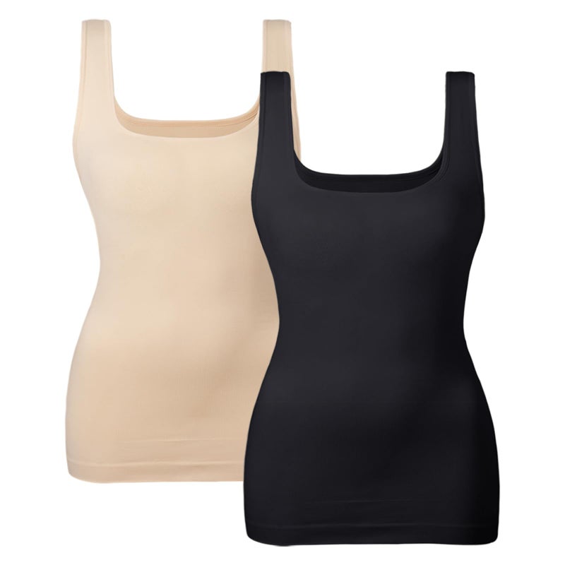 EUYZOU Women's 2PK Tummy Control Shapewear Tank Tops Seamless Square Neck Compression Tops Slimming Body Shaper Camisole - Black/Nude L - Image 1