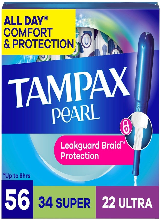 Tampax Pearl Tampons for Women Multipack, with LeakGuard Braid, Super/Ultra Absorbency, Unscented, 56 Count - Image 1