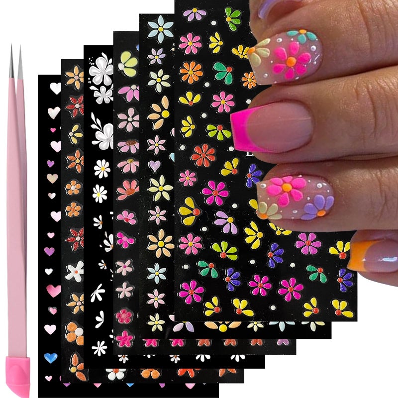 VOTACOS Flower Nail Art Stickers Decals 5D Embossed Nail Decals Spring Summer Nails Design Self-Adhesive Supplies Accessories 3D Flower for Women Nails DIY Decoration(6 Sheets) - Image 1