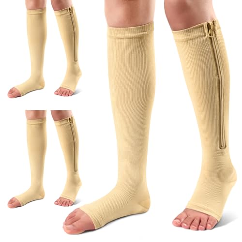 Ailaka 3 Pairs Compression Socks with Zipper 1520 mmHg Medical Knee High Compression Socks for Men Women Open Toe Socks for Varicose Veins Edema Recovery - Image 2