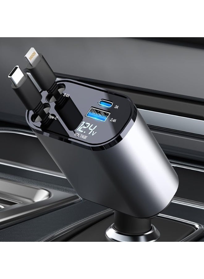 Retractable Car Charger, 4 in 1 Fast Car Phone Charger 60W, Retractable Cables and USB Car Charger,Compatible with iPhone 15/14/13/12/11,Galaxy (1 Lightning 1 Type C) - Image 1