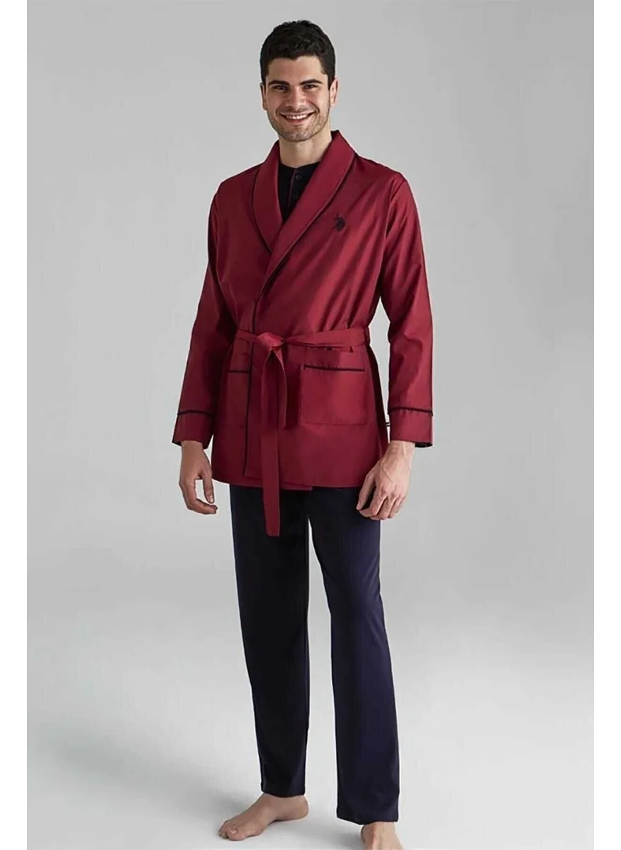 يو اس بولو اسن Men's Burgundy 1 Long Sleeve Pajamas 1 Short Sleeve Shorts Set 1 Robe