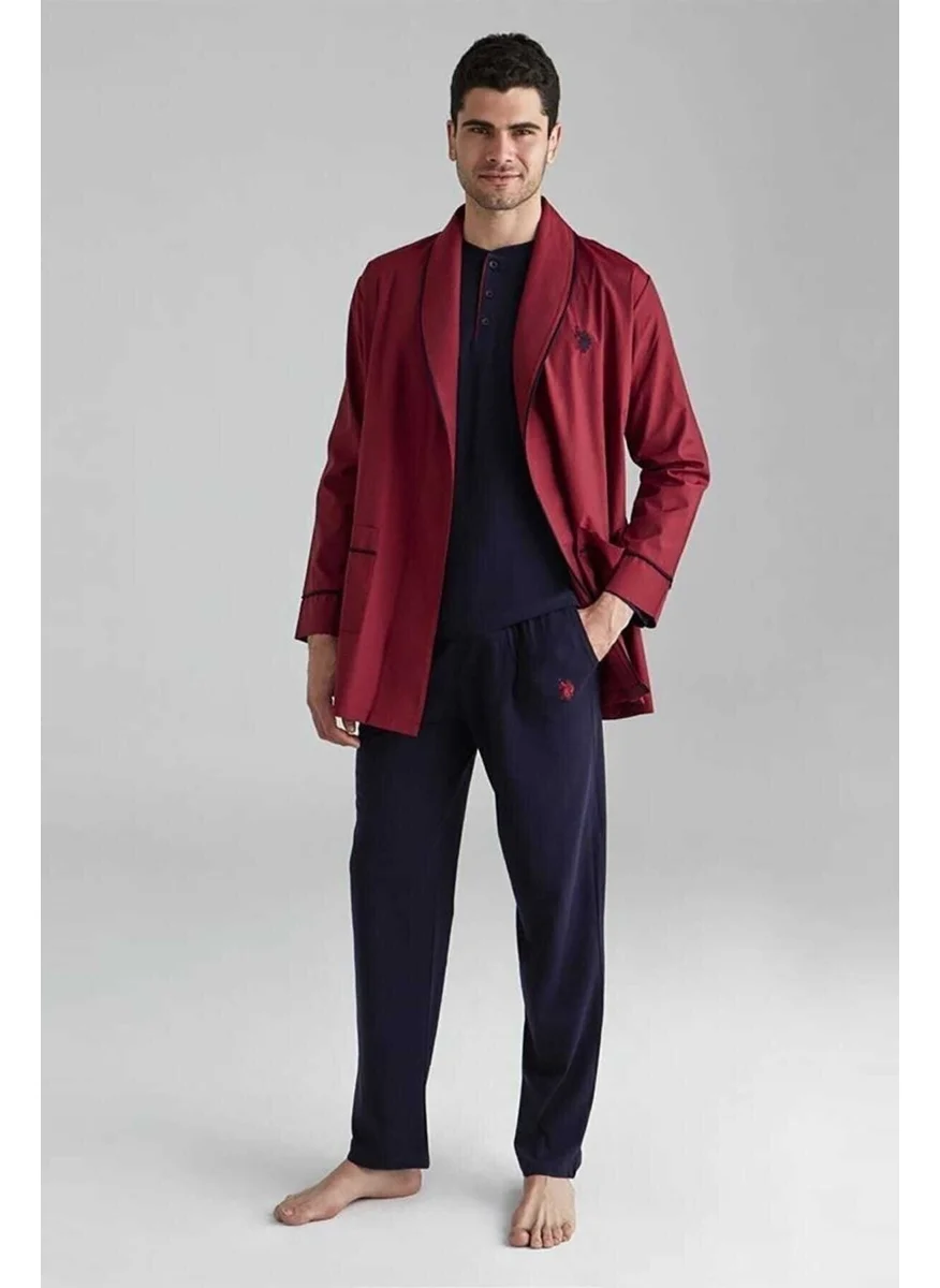 يو اس بولو اسن Men's Burgundy 1 Long Sleeve Pajamas 1 Short Sleeve Shorts Set 1 Robe