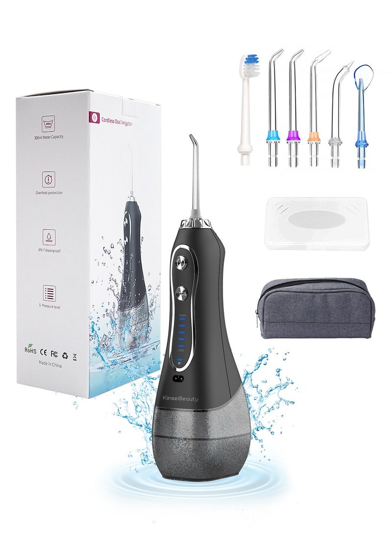 KinseiBeauty Portable  IPX7 Waterproof Dental Water Flosser with 5 Modes, 5 Replaceable Jet Tips,1 Toothbrush Head, Water Floss Teeth Cleaner Pick Cordless for Home Travel-300ml Water Tank  - Image 1
