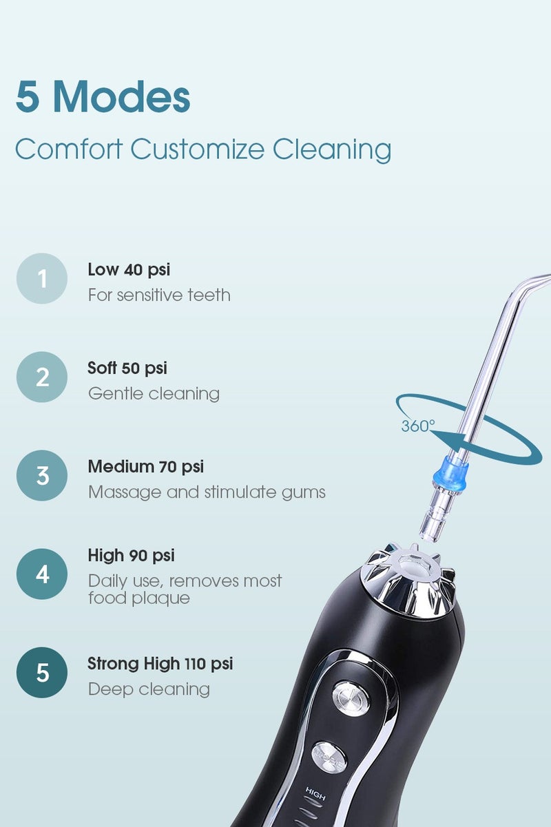 Portable  IPX7 Waterproof Dental Water Flosser with 5 Modes, 5 Replaceable Jet Tips,1 Toothbrush Head, Water Floss Teeth Cleaner Pick Cordless for Home Travel-300ml Water Tank
