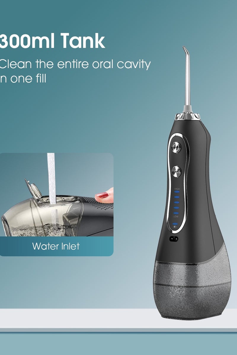 Portable  IPX7 Waterproof Dental Water Flosser with 5 Modes, 5 Replaceable Jet Tips,1 Toothbrush Head, Water Floss Teeth Cleaner Pick Cordless for Home Travel-300ml Water Tank
