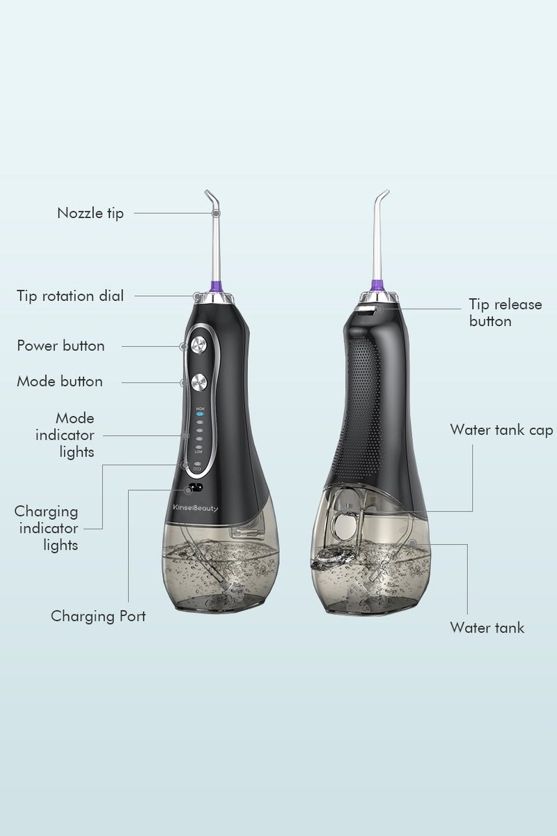 Portable  IPX7 Waterproof Dental Water Flosser with 5 Modes, 5 Replaceable Jet Tips,1 Toothbrush Head, Water Floss Teeth Cleaner Pick Cordless for Home Travel-300ml Water Tank