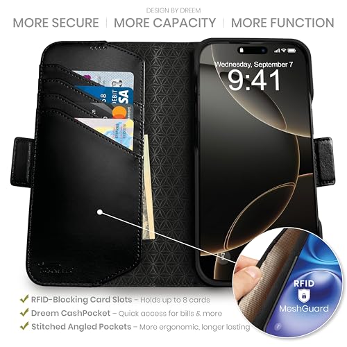 Dreem Wallet Case for iPhone 16 Pro Revolutionary VertHor Phone Stand Magnetic Detachable Vegan Leather Flip Cover RFID Blocking Card Holder MagSafeFit Gift Box Fibonacci Black - Image 3