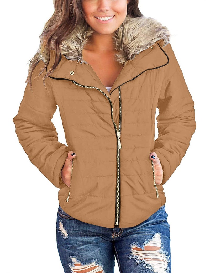Vetinee Women Casual Faux Fur Lapel Zip Pockets Quilted Parka Jacket Puffer Coat Almond Brown Large Fits US 12US 14