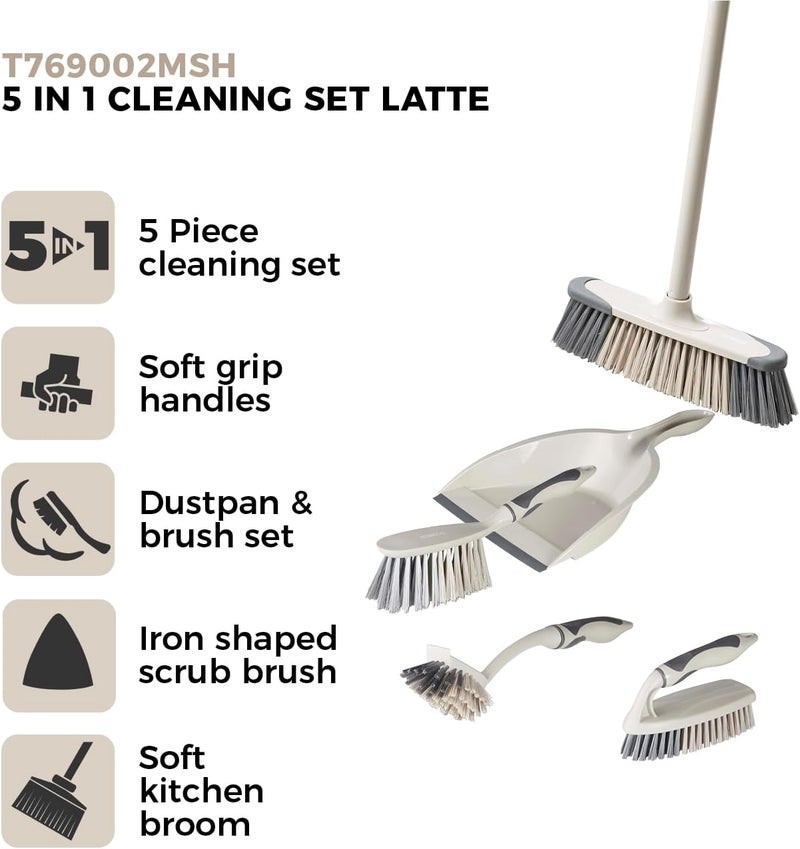 Tower T769002MSH 5-in-1 Cleaning Set with Dust Pan and Brush/Kitchen Broom/Dish Brush/Scrub Brush, Latte & Grey - Image 2