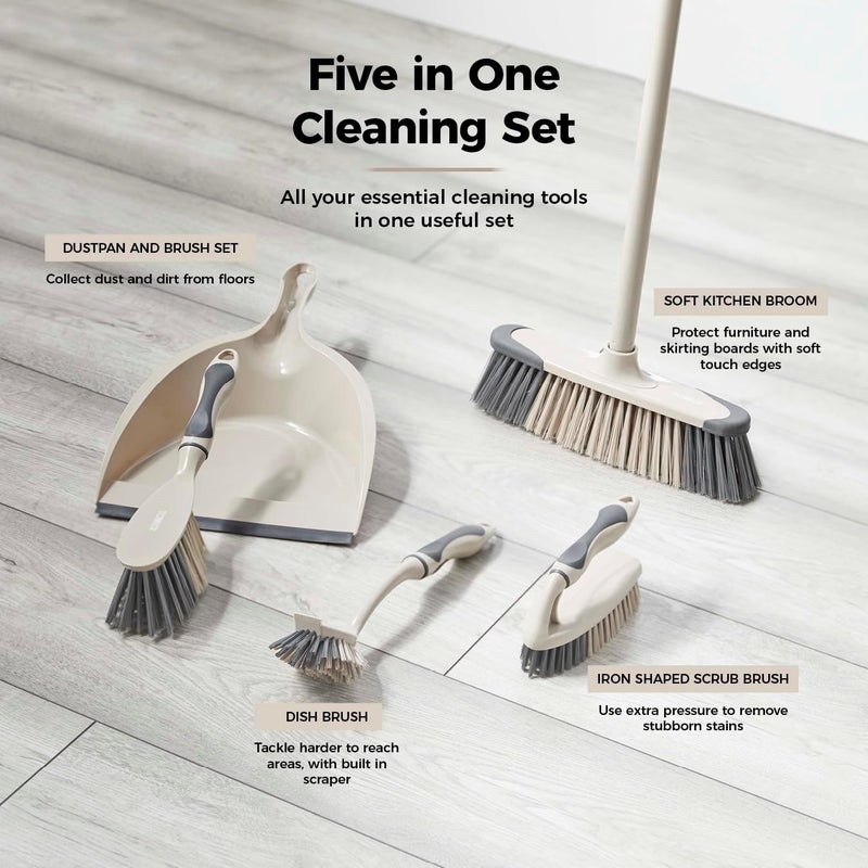Tower T769002MSH 5-in-1 Cleaning Set with Dust Pan and Brush/Kitchen Broom/Dish Brush/Scrub Brush, Latte & Grey - Image 3