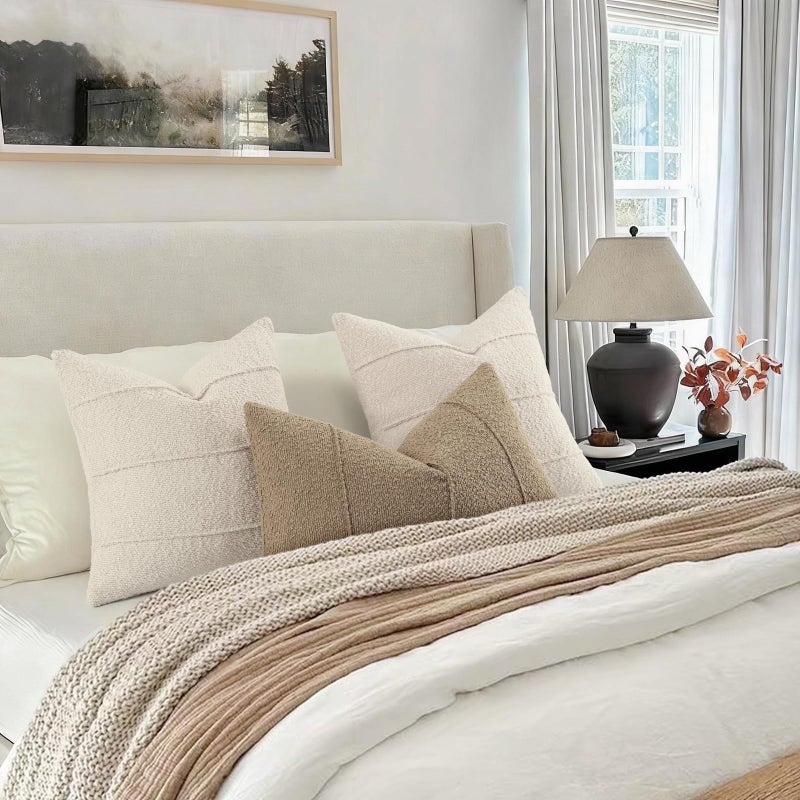 YCOLL Textured Boucle Throw Pillow Covers 20x20 Pack of 2 - Soft Neutral Striped Cushion Covers, Cozy Accent Decorative Pillow Covers for Couch, Sofa, Bed, Living Room (Beige) - Image 4