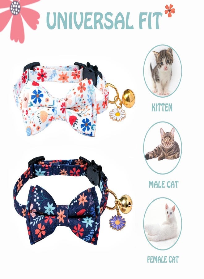 PREHAI Flower Cat Collar Breakaway With Bow Tie Bell 2 Pack White & Blue Floral Pendant Cute Cat Collars Adjustable Safety Kitty Kitten Collars Soft Fancy Cat Collar for Female Girl Cats Male Boy Cats - Image 4
