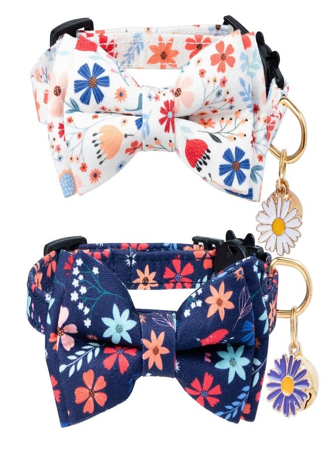 PREHAI Flower Cat Collar Breakaway With Bow Tie Bell 2 Pack White & Blue Floral Pendant Cute Cat Collars Adjustable Safety Kitty Kitten Collars Soft Fancy Cat Collar for Female Girl Cats Male Boy Cats - Image 1