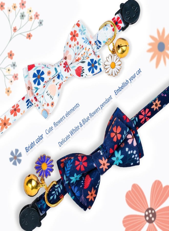 PREHAI Flower Cat Collar Breakaway With Bow Tie Bell 2 Pack White & Blue Floral Pendant Cute Cat Collars Adjustable Safety Kitty Kitten Collars Soft Fancy Cat Collar for Female Girl Cats Male Boy Cats - Image 3
