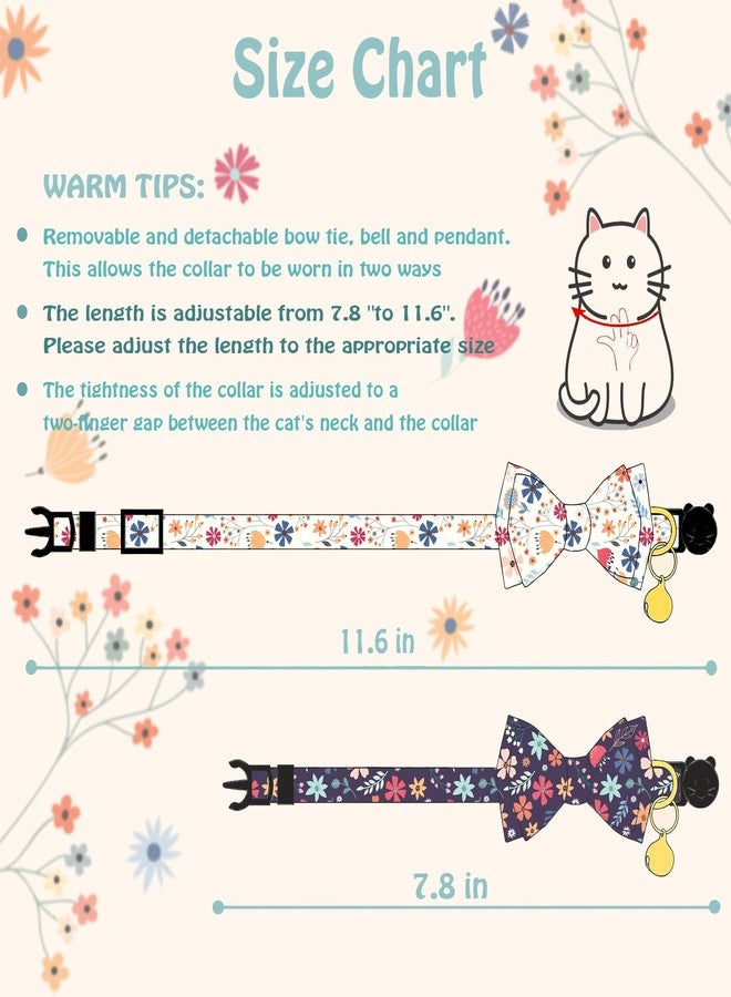 PREHAI Flower Cat Collar Breakaway With Bow Tie Bell 2 Pack White & Blue Floral Pendant Cute Cat Collars Adjustable Safety Kitty Kitten Collars Soft Fancy Cat Collar for Female Girl Cats Male Boy Cats - Image 2