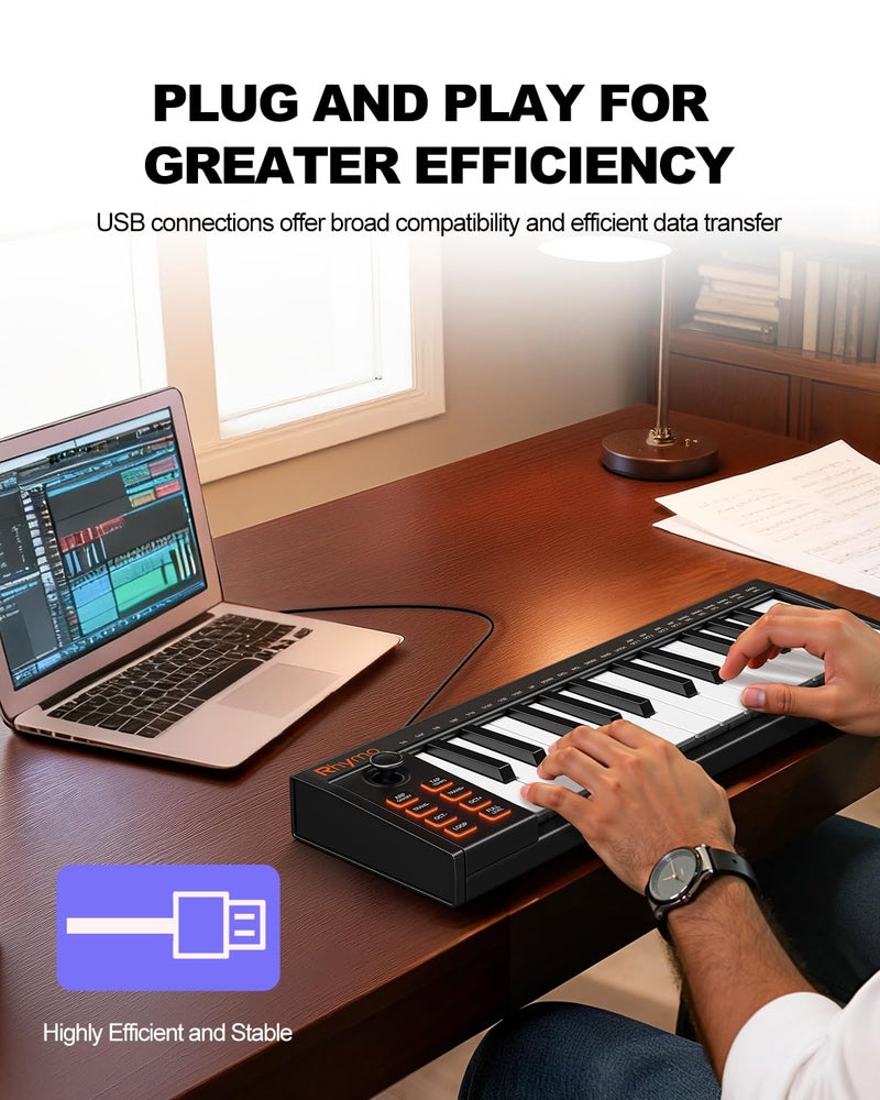 RHYMO 25 Key MIDI Keyboard Controller, USB Bus-Powered Portable Piano with Arpeggiator, Tap Tempo, Sustain Pedal, Compatible with GarageBand, FL Studio, Ableton for Mac/PC/iOS - Image 3
