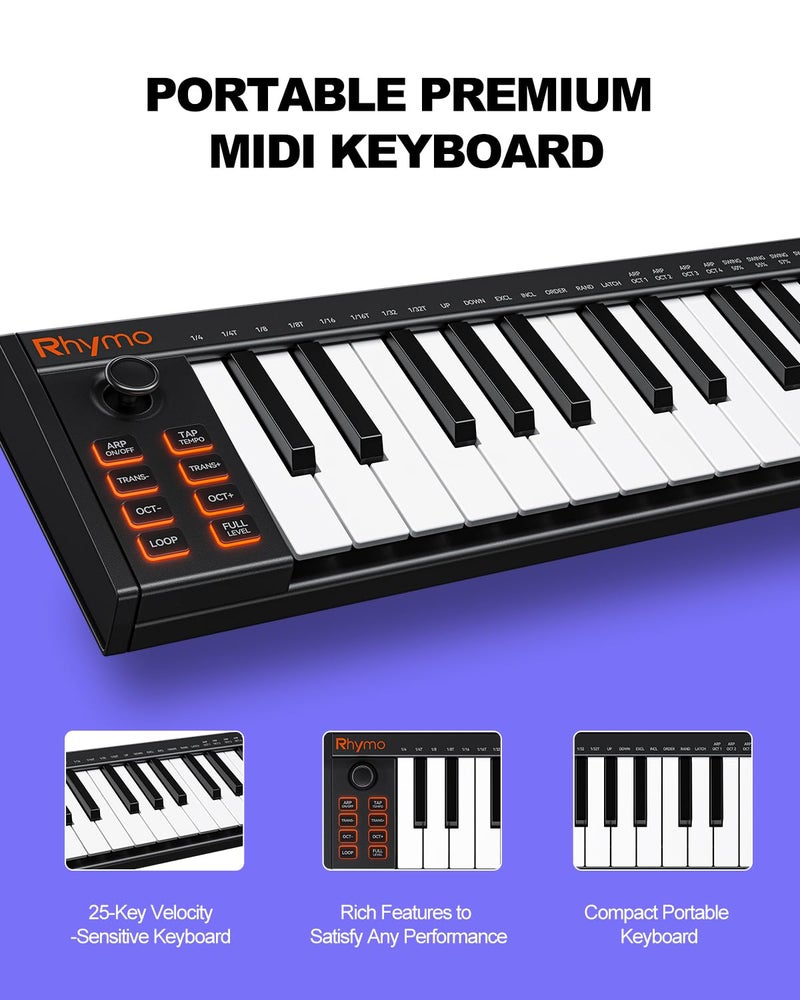 RHYMO 25 Key MIDI Keyboard Controller, USB Bus-Powered Portable Piano with Arpeggiator, Tap Tempo, Sustain Pedal, Compatible with GarageBand, FL Studio, Ableton for Mac/PC/iOS - Image 2