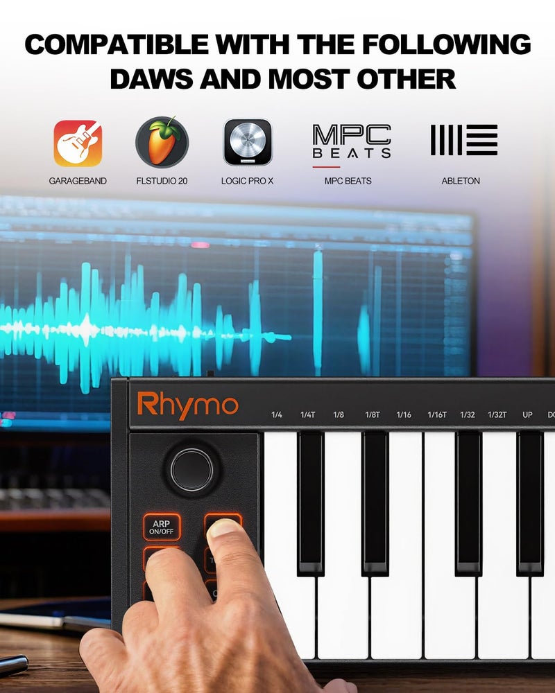 RHYMO 25 Key MIDI Keyboard Controller, USB Bus-Powered Portable Piano with Arpeggiator, Tap Tempo, Sustain Pedal, Compatible with GarageBand, FL Studio, Ableton for Mac/PC/iOS - Image 4