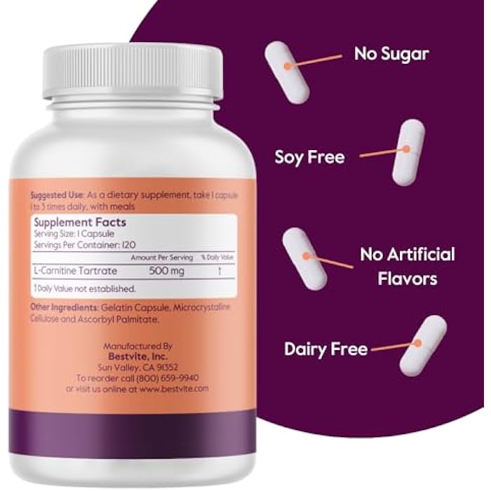 BESTVITE L-Carnitine Tartrate 500mg per Capsule (120 Capsules) - No Stearates - Non GMO - Gluten Free - Image 2