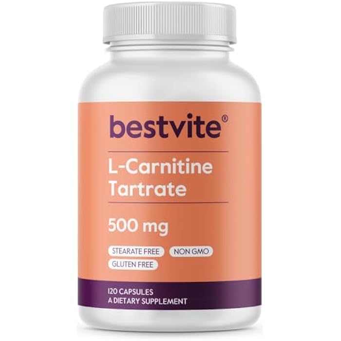BESTVITE L-Carnitine Tartrate 500mg per Capsule (120 Capsules) - No Stearates - Non GMO - Gluten Free - Image 1